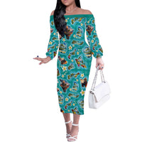 Hawaii Map with Plumeria Flower and Palaka Pattern Off The Shoulder Long Sleeve Dress Tropical Island Teal Design LT03 Women Teal - Polynesian Pride