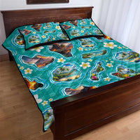 Hawaii Map with Plumeria Flower and Palaka Pattern Quilt Bed Set Tropical Island Teal Design LT03 - Polynesian Pride