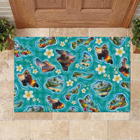 Hawaii Map with Plumeria Flower and Palaka Pattern Rubber Doormat Tropical Island Teal Design LT03 Teal - Polynesian Pride