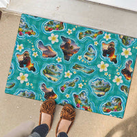 Hawaii Map with Plumeria Flower and Palaka Pattern Rubber Doormat Tropical Island Teal Design LT03 - Polynesian Pride