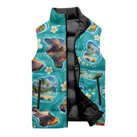 Hawaii Map with Plumeria Flower and Palaka Pattern Sleeveless Puffer Jacket Tropical Island Teal Design LT03 - Polynesian Pride