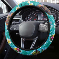 Hawaii Map with Plumeria Flower and Palaka Pattern Steering Wheel Cover Tropical Island Teal Design LT03 - Polynesian Pride