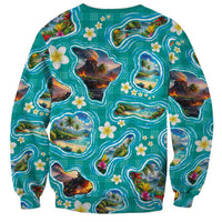 Hawaii Map with Plumeria Flower and Palaka Pattern Sweatshirt Tropical Island Teal Design LT03 - Polynesian Pride