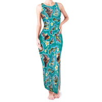 Hawaii Map with Plumeria Flower and Palaka Pattern Tank Maxi Dress Tropical Island Teal Design LT03 Women Teal - Polynesian Pride