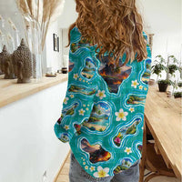 Hawaii Map with Plumeria Flower and Palaka Pattern Women Casual Shirt Tropical Island Teal Design LT03 - Polynesian Pride
