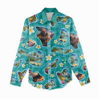 Hawaii Map with Plumeria Flower and Palaka Pattern Women Casual Shirt Tropical Island Teal Design LT03 - Polynesian Pride