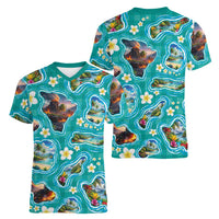 Hawaii Map with Plumeria Flower and Palaka Pattern Women V-Neck T-Shirt Tropical Island Teal Design LT03 - Polynesian Pride