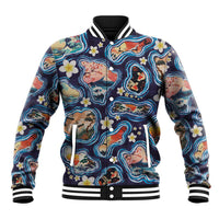 Hawaii Islands Map Design with Japanese Landscape Baseball Jacket Hawaiian Japan Fusion Art Navy Color LT03 Unisex Navy - Polynesian Pride