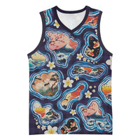 Hawaii Islands Map Design with Japanese Landscape Basketball Jersey Hawaiian Japan Fusion Art Navy Color LT03 Unisex Navy - Polynesian Pride