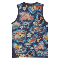 Hawaii Islands Map Design with Japanese Landscape Basketball Jersey Hawaiian Japan Fusion Art Navy Color LT03 - Polynesian Pride