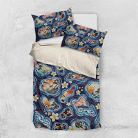 Hawaii Islands Map Design with Japanese Landscape Bedding Set Hawaiian Japan Fusion Art Navy Color LT03 US Twin 172cm x 218cm Navy - Polynesian Pride
