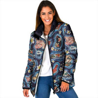 Hawaii Islands Map Design with Japanese Landscape Padded Jacket Hawaiian Japan Fusion Art Navy Color LT03 Women Navy - Polynesian Pride