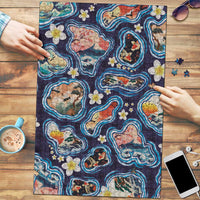 Hawaii Islands Map Design with Japanese Landscape Puzzle Hawaiian Japan Fusion Art Navy Color LT03 Navy - Polynesian Pride