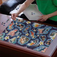Hawaii Islands Map Design with Japanese Landscape Puzzle Hawaiian Japan Fusion Art Navy Color LT03 - Polynesian Pride