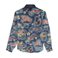 Hawaii Islands Map Design with Japanese Landscape Women Casual Shirt Hawaiian Japan Fusion Art Navy Color LT03 - Polynesian Pride