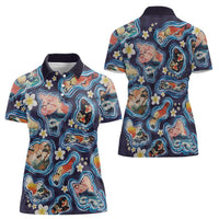 Hawaii Islands Map Design with Japanese Landscape Women Polo Shirt Hawaiian Japan Fusion Art Navy Color LT03 - Polynesian Pride