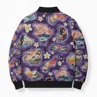 Hawaii Islands Map Design with Japanese Landscape Bomber Puffer Jacket Hawaiian Japan Fusion Art Purple Color LT03 - Polynesian Pride