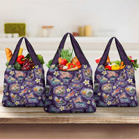 Hawaii Islands Map Design with Japanese Landscape Grocery Bag Hawaiian Japan Fusion Art Purple Color LT03 3-pack One Size Purple - Polynesian Pride