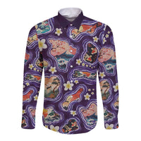 Hawaii Islands Map Design with Japanese Landscape Long Sleeve Button Shirt Hawaiian Japan Fusion Art Purple Color LT03 Unisex Purple - Polynesian Pride