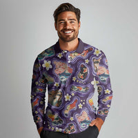 Hawaii Islands Map Design with Japanese Landscape Long Sleeve Polo Shirt Hawaiian Japan Fusion Art Purple Color LT03 - Polynesian Pride