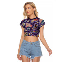 Hawaii Islands Map Design with Japanese Landscape Raglan Cropped T Shirt Hawaiian Japan Fusion Art Purple Color LT03 Female Purple - Polynesian Pride