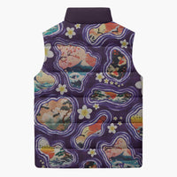 Hawaii Islands Map Design with Japanese Landscape Sleeveless Puffer Jacket Hawaiian Japan Fusion Art Purple Color LT03 - Polynesian Pride