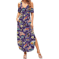 Hawaii Islands Map Design with Japanese Landscape Summer Maxi Dress Hawaiian Japan Fusion Art Purple Color LT03 Women Purple - Polynesian Pride