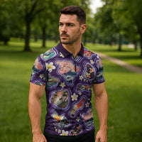Hawaii Islands Map Design with Japanese Landscape Zipper Polo Shirt Hawaiian Japan Fusion Art Purple Color LT03 - Polynesian Pride