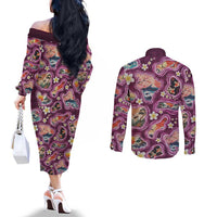 Hawaii Islands Map Design with Japanese Landscape Couples Matching Off The Shoulder Long Sleeve Dress and Long Sleeve Button Shirt Hawaiian Japan Fusion Art Pink Color LT03 - Polynesian Pride