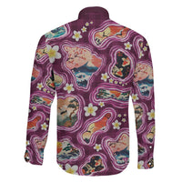 Hawaii Islands Map Design with Japanese Landscape Family Matching Long Sleeve Bodycon Dress and Hawaiian Shirt Hawaiian Japan Fusion Art Pink Color LT03 - Polynesian Pride