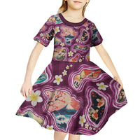 Hawaii Islands Map Design with Japanese Landscape Kid Short Sleeve Dress Hawaiian Japan Fusion Art Pink Color LT03 - Polynesian Pride