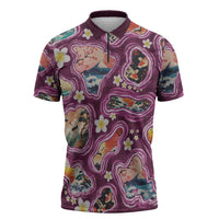 Hawaii Islands Map Design with Japanese Landscape Zipper Polo Shirt Hawaiian Japan Fusion Art Pink Color LT03 Pink - Polynesian Pride