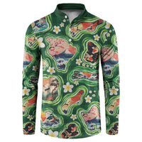 Hawaiian and Japanese Culture Together Button Sweatshirt Hawaiian Island Shapes with Japanese Landscape Green Color LT03 Green - Polynesian Pride