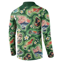 Hawaiian and Japanese Culture Together Button Sweatshirt Hawaiian Island Shapes with Japanese Landscape Green Color LT03 - Polynesian Pride