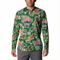 Hawaiian and Japanese Culture Together Button Sweatshirt Hawaiian Island Shapes with Japanese Landscape Green Color LT03 - Polynesian Pride