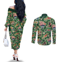 Hawaiian and Japanese Culture Together Couples Matching Off The Shoulder Long Sleeve Dress and Long Sleeve Button Shirt Hawaiian Island Shapes with Japanese Landscape Green Color LT03 - Polynesian Pride