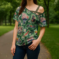 Hawaiian and Japanese Culture Together Cross Shoulder Shirt Hawaiian Island Shapes with Japanese Landscape Green Color LT03 - Polynesian Pride