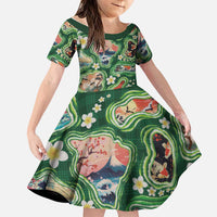 Hawaiian and Japanese Culture Together Family Matching Tank Maxi Dress and Hawaiian Shirt Hawaiian Island Shapes with Japanese Landscape Green Color LT03 Daughter's Dress Green - Polynesian Pride