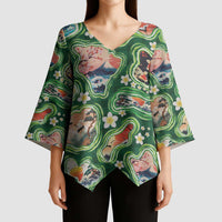 Hawaiian and Japanese Culture Together Kimono Sleeve Blouse Hawaiian Island Shapes with Japanese Landscape Green Color LT03 - Polynesian Pride