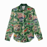 Hawaiian and Japanese Culture Together Women Casual Shirt Hawaiian Island Shapes with Japanese Landscape Green Color LT03 - Polynesian Pride