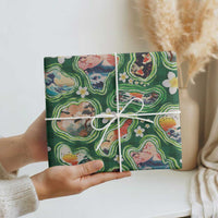 Hawaiian and Japanese Culture Together Wrapping Paper Hawaiian Island Shapes with Japanese Landscape Green Color LT03 - Polynesian Pride