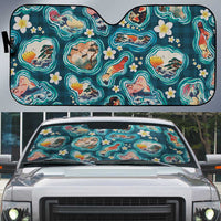 Hawaiian and Japanese Culture Together Auto Sun Shade Hawaiian Island Shapes with Japanese Landscape Teal Color LT03 Teal - Polynesian Pride