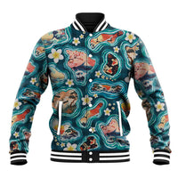 Hawaiian and Japanese Culture Together Baseball Jacket Hawaiian Island Shapes with Japanese Landscape Teal Color LT03 Unisex Teal - Polynesian Pride