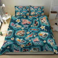 Hawaiian and Japanese Culture Together Bedding Set Hawaiian Island Shapes with Japanese Landscape Teal Color LT03 - Polynesian Pride