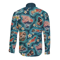 Hawaiian and Japanese Culture Together Long Sleeve Button Shirt Hawaiian Island Shapes with Japanese Landscape Teal Color LT03 - Polynesian Pride