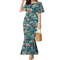 Hawaiian and Japanese Culture Together Mermaid Dress Hawaiian Island Shapes with Japanese Landscape Teal Color LT03 Women Teal - Polynesian Pride