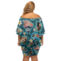 Hawaiian and Japanese Culture Together Off Shoulder Short Dress Hawaiian Island Shapes with Japanese Landscape Teal Color LT03 - Polynesian Pride