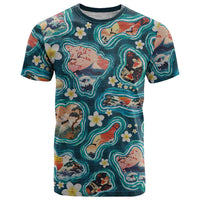 Hawaiian and Japanese Culture Together T Shirt Hawaiian Island Shapes with Japanese Landscape Teal Color LT03 Teal - Polynesian Pride