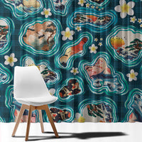 Hawaiian and Japanese Culture Together Window Curtain Hawaiian Island Shapes with Japanese Landscape Teal Color LT03 - Polynesian Pride