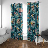Hawaiian and Japanese Culture Together Window Curtain Hawaiian Island Shapes with Japanese Landscape Teal Color LT03 With Grommets Teal - Polynesian Pride